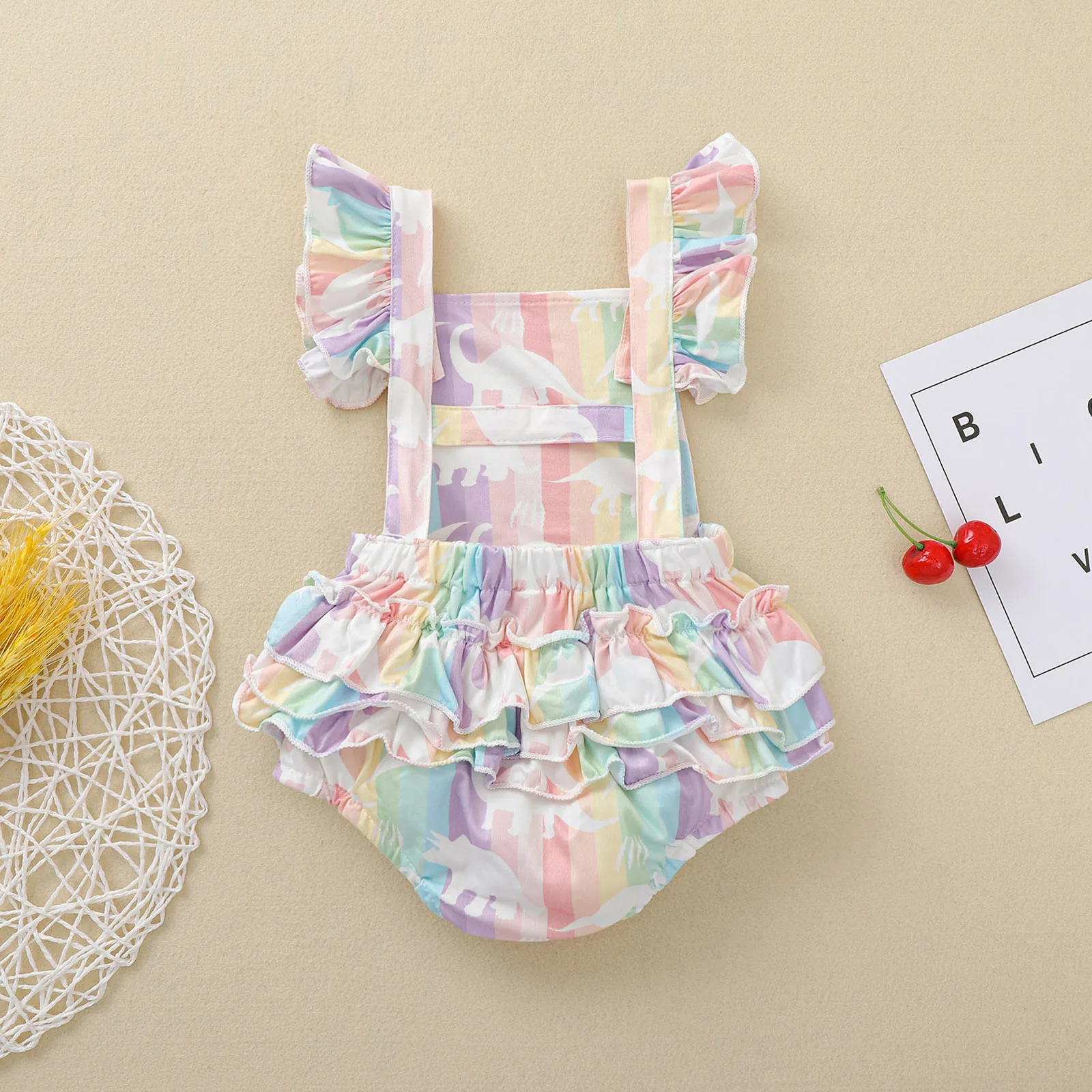 2021 New Style Baby Girl’s Sweet Ruffles Fly Sleeve Romper Fashion Dinosaur Rainbow Stripe Backless Jumpsuits Dress For Children