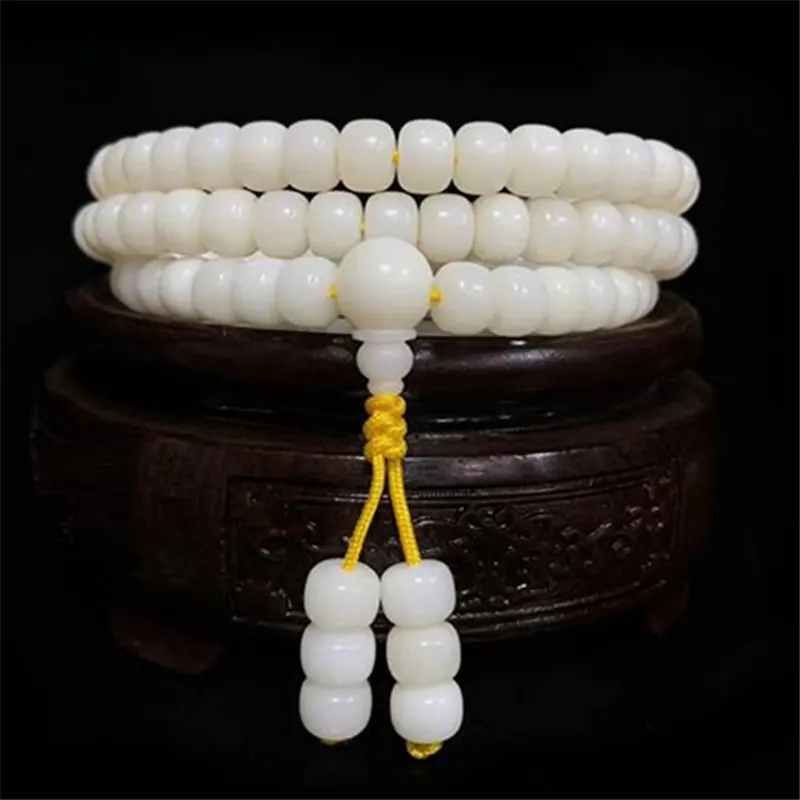 108Beads Natural White Bodhi Barrel Prayer Beads Mala Talipot Palm Bodhi Meditation Strand BRO658