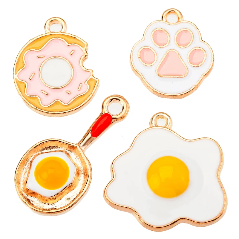 10Pcs Cartoon Fun Frying Pan Poached Egg Donut Bear Paw Enamel Alloy Charm Pendant Couple Party Gift Jewelry Making Accessories
