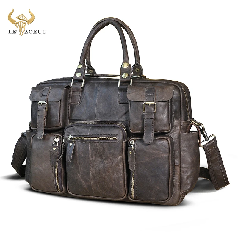 Men Real Genuine Leather Vintage Large Capacity Travel Briefcase Business 15.6\