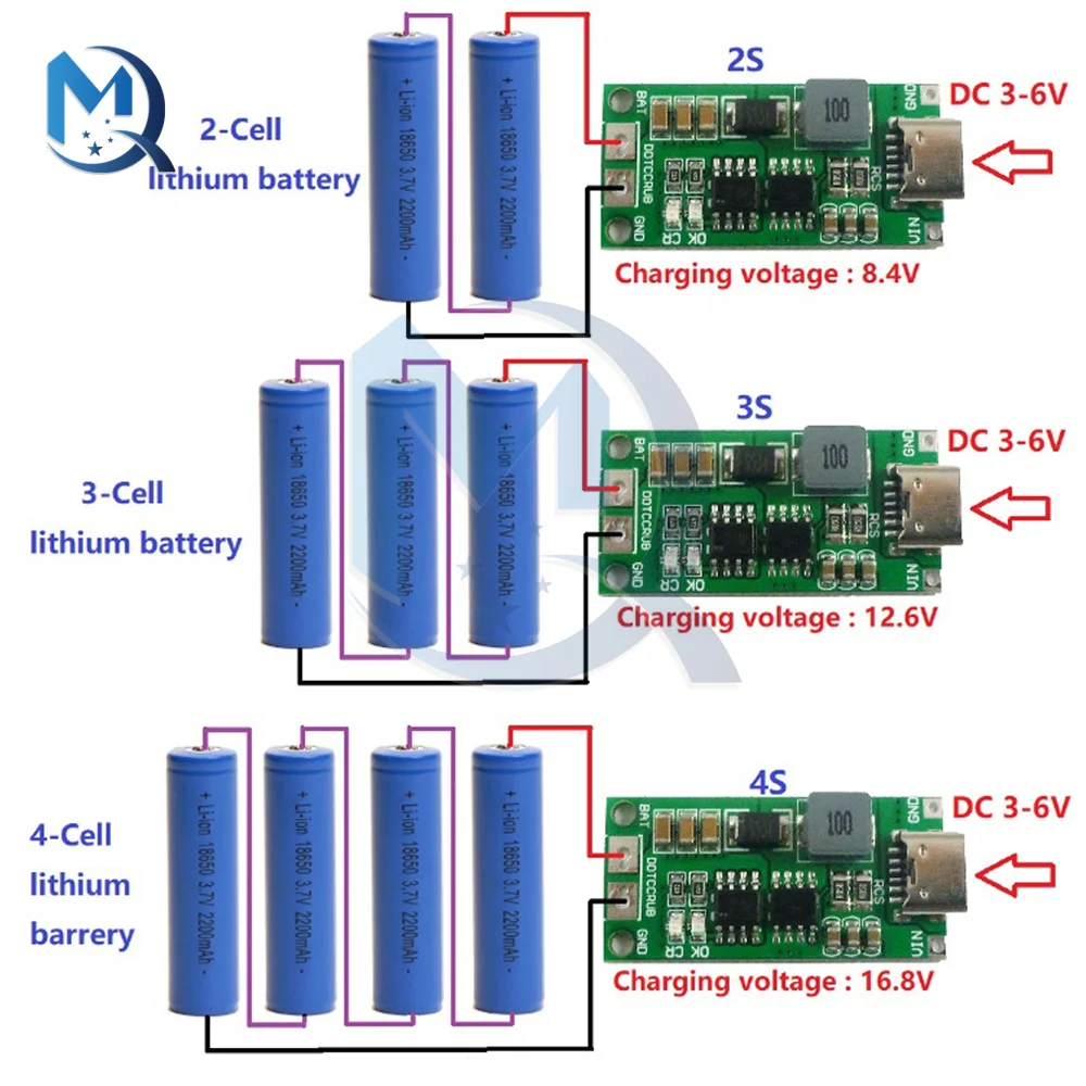 2S 3S 4S Type-C Step-Up Boost LiPo Polymer Li-Ion Charger 7.4V 11.1V 14.8V 18650 Lithium Battery Multi-Cell Charger Board