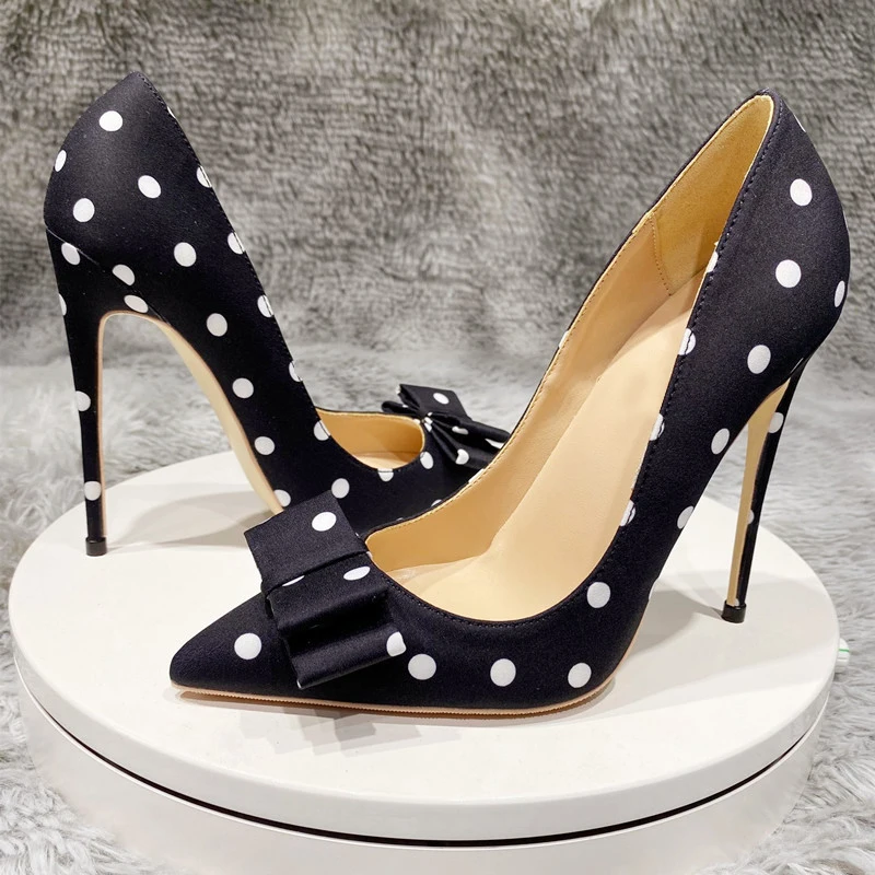 Veowalk Polka Dot Women Silk Satin Pointed Toe Stiletto High Heels Bow Knot Elegant Ladies Party Shoes 8cm 10cm 12cm Pumps Black