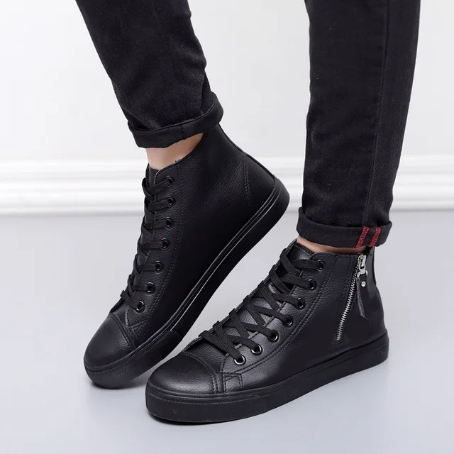 Men Sneakers  New Autumn Leather Men Casual Shoes White Zippers Men Fashion Shoes High top Flats  Zapatos de hombre