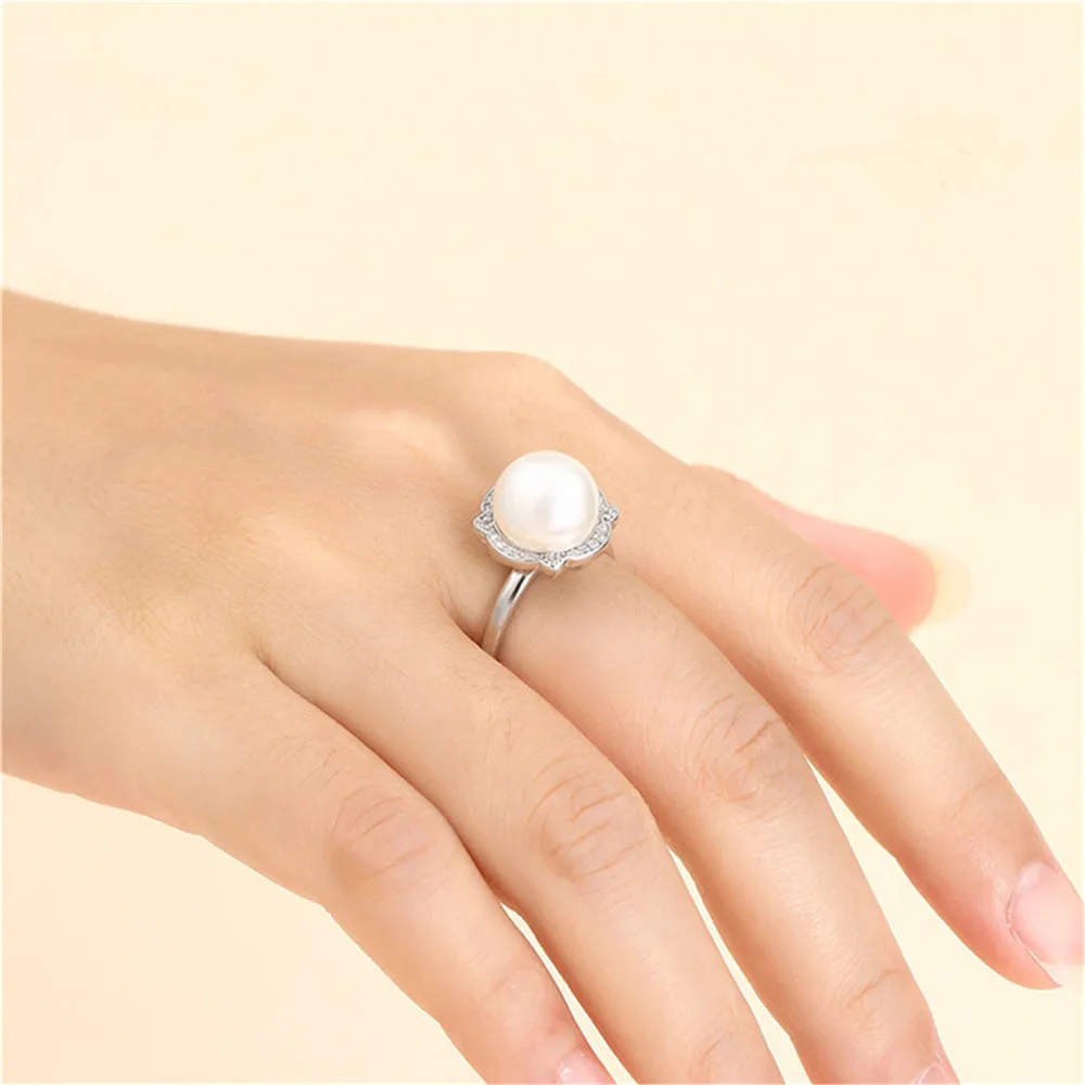 Ring Blank for 8mm-10mm Round Beads or Pearls White Gold Plated 925 Silver Zircon Ring Setting Adjustable Ring Base SR0122