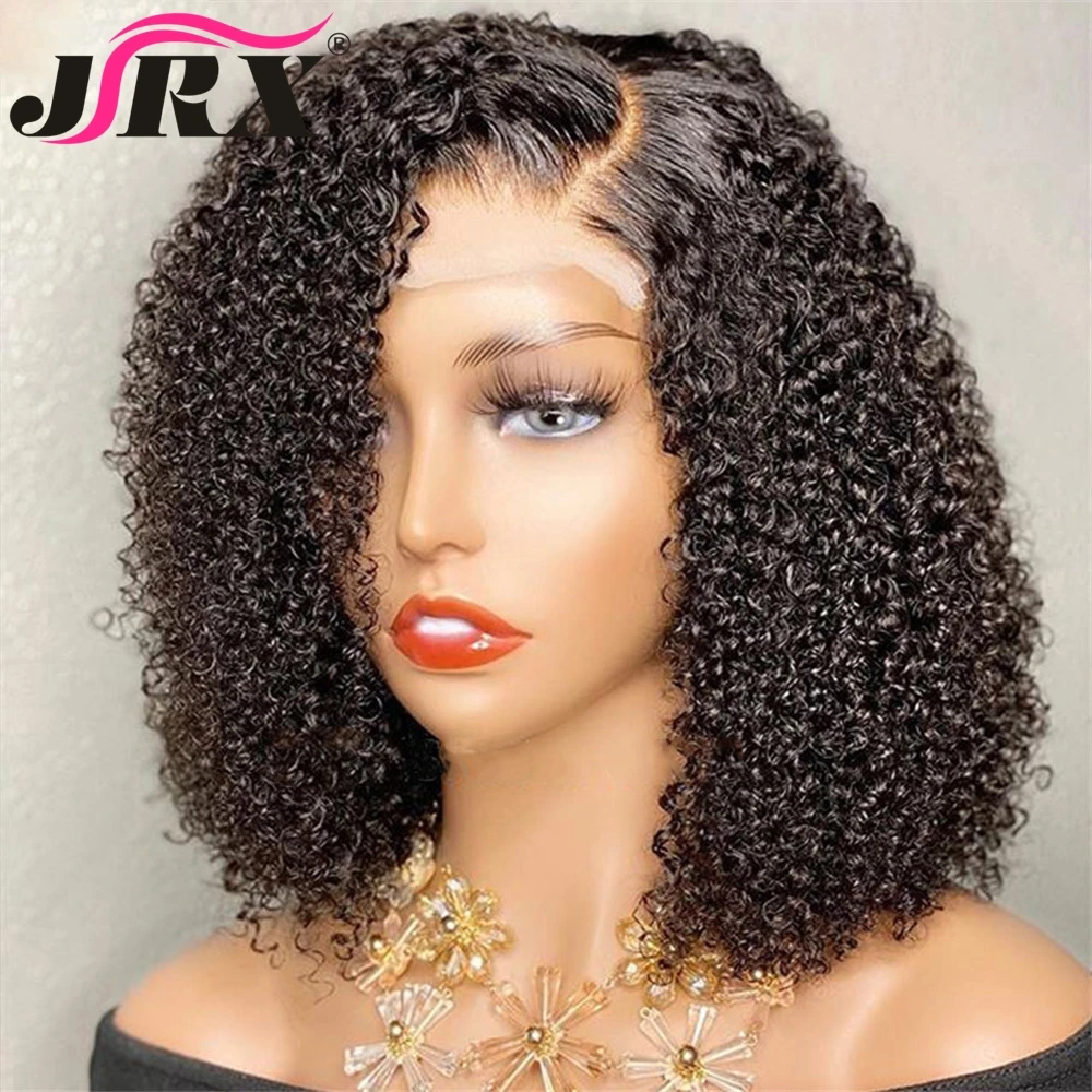 Kinky encaracolado bob perucas de cabelo humano curto brasileiro encaracolado 4x4 fechamento do laço perucas pre-arrancadas t parte do laço perucas