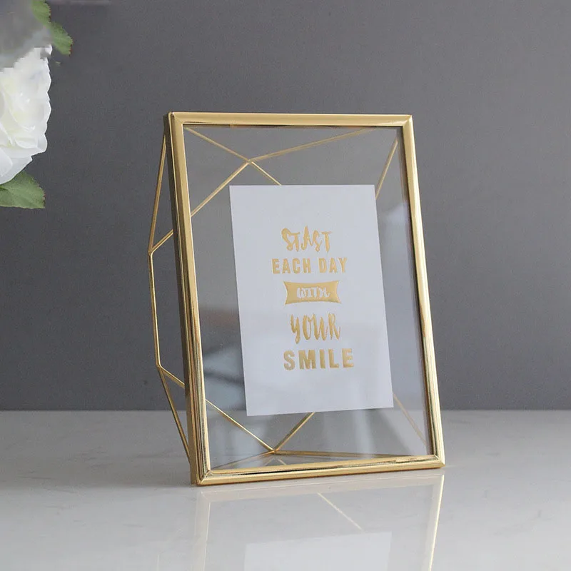 Photo Frame 액자 Cadre Photo Golden Diamond Square Glass Frame Table For Bedroom Home Decoration Cadre Deco Art