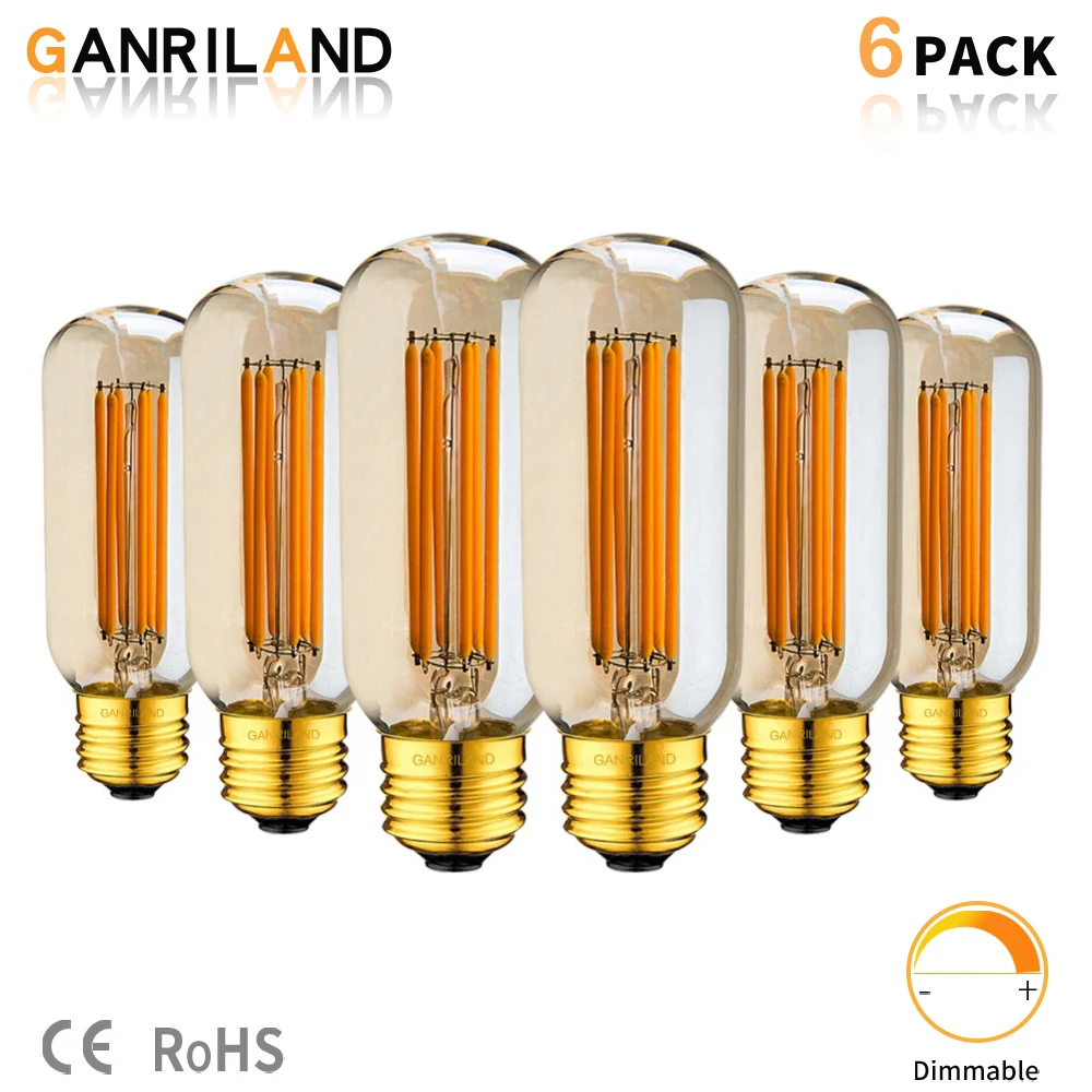 GANRILAND T45 6W 220V LED Long Filament Bulb Tubular Gold Tint Edison Dimmable Lamp Bulb 2200K E26 E27 Decorative Pendant Lights