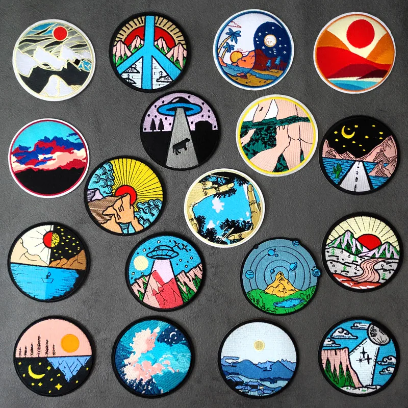 Mountains Rivers Sun Moon DIY Iron On Patches Embroidery Applique Clothes Sewing Supplies Decorative Badges Peace Scenery