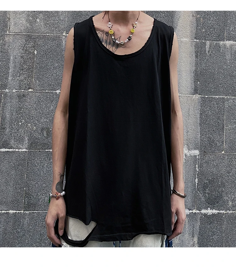 ins European and American high street hip-hop tide brand split hole pure cotton bottoming vest loose solid color wild sleeveless