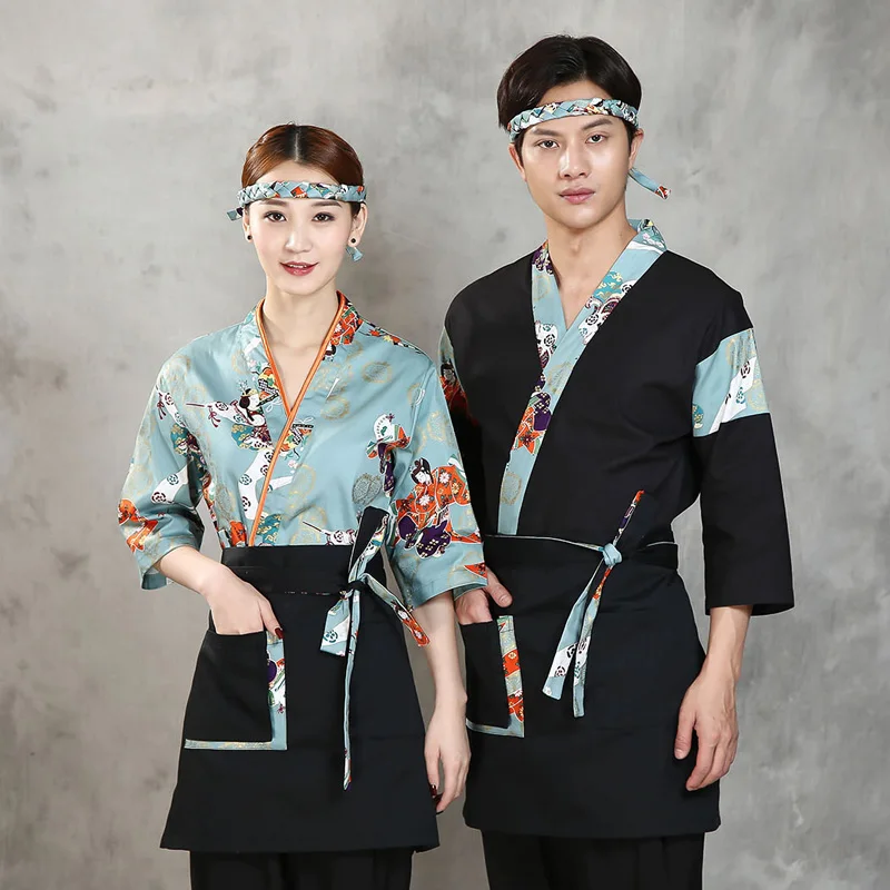 New Unisex Japanese Kimono Overalls Sushi Restaurant Chef Uniforms Cook Workwear Middle Sleeved