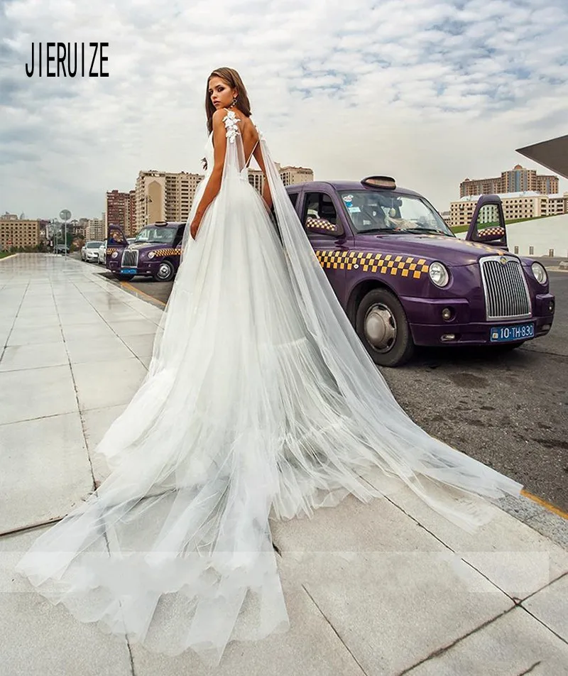 JIERUIZE New Sexy Spaghetti Straps Tulle Wedding Dresses Backless With Silk ribbon Long Boho Wedding Gowns Bridal Gowns