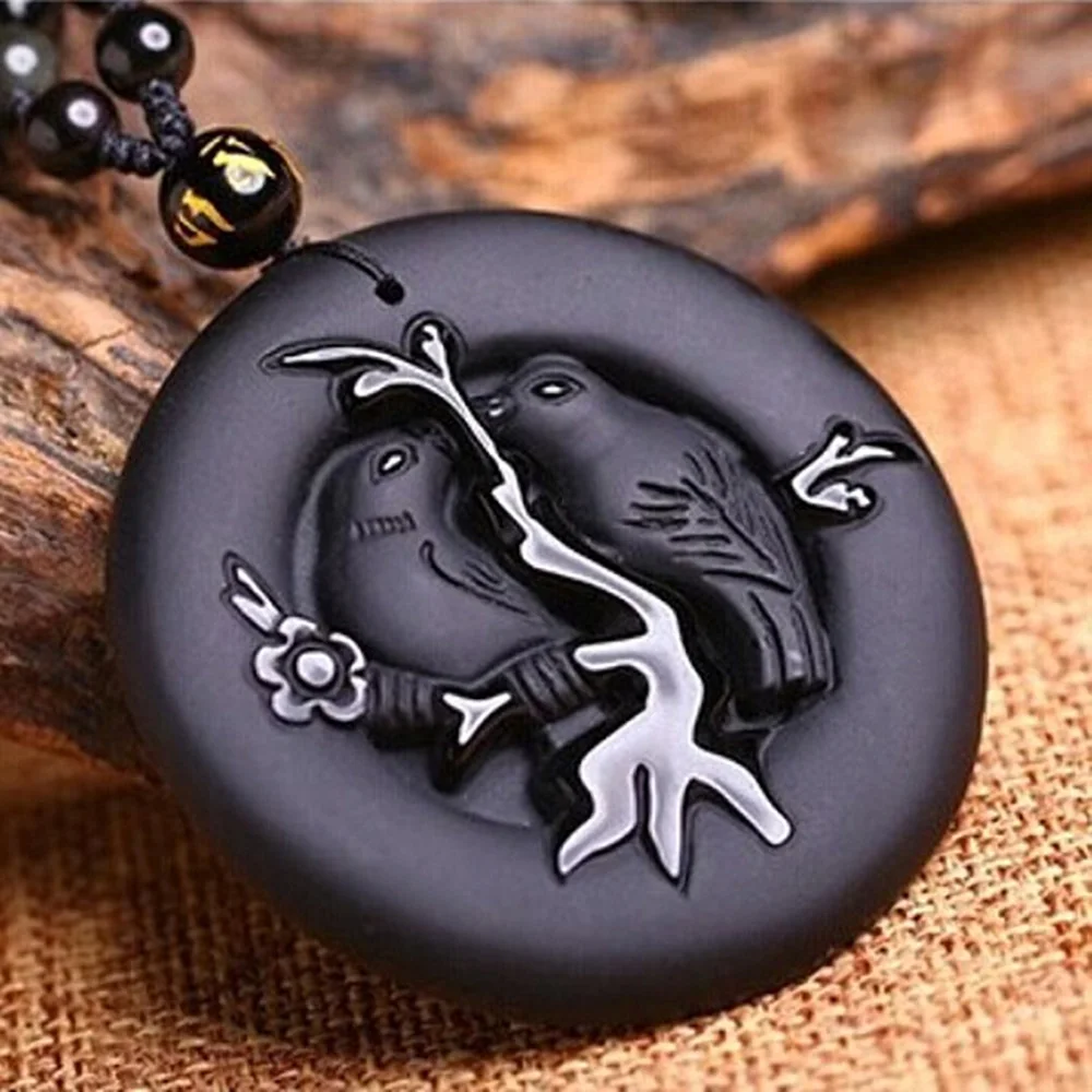 Drop Ship Black Obsidian Bird Necklace Pendant Lover's Pendant With Beads Chain