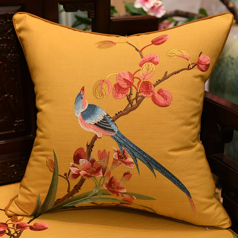 Chinese flower bird embroidered cushion cover cotton linen pillow cover sofa lumbar pillowcase 60x60cm