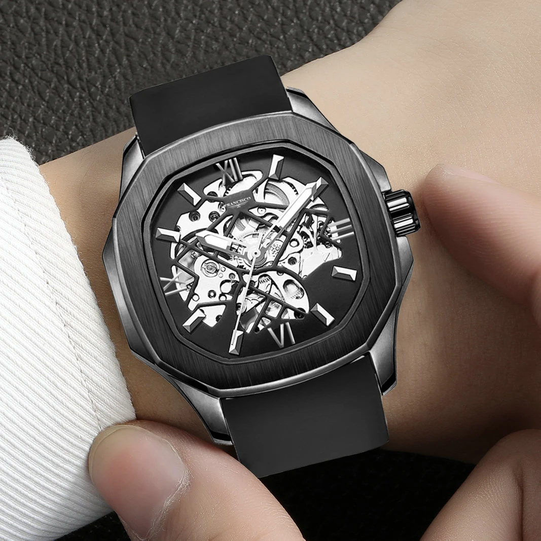 FRANCISCO Golden Case Luxury Wristwatch Casual Design Silicon Strap Top Brand Automatic Winding Mechanical Skeleton Watch