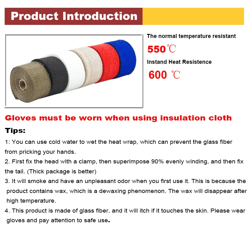 Ruban Thermique pour Moto, en-Tête, Collecteur Rond, Isolation, Degré de Rouleau avec 4 Attaches en Acier Inoxydable, 50mm x 1.5mm x 5m 5m