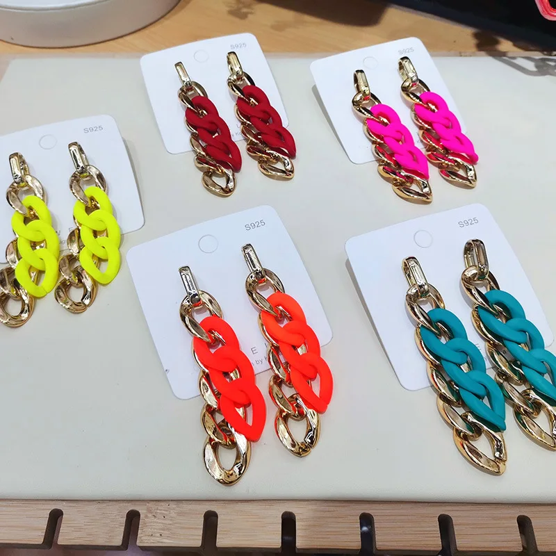 2024 موضة ملونة ربط الاكريليك إسقاط أقراط للنساء الذهب اللون سلسلة طويلة هندسية استرخى أقراط مجوهرات بسيطة هدية #2