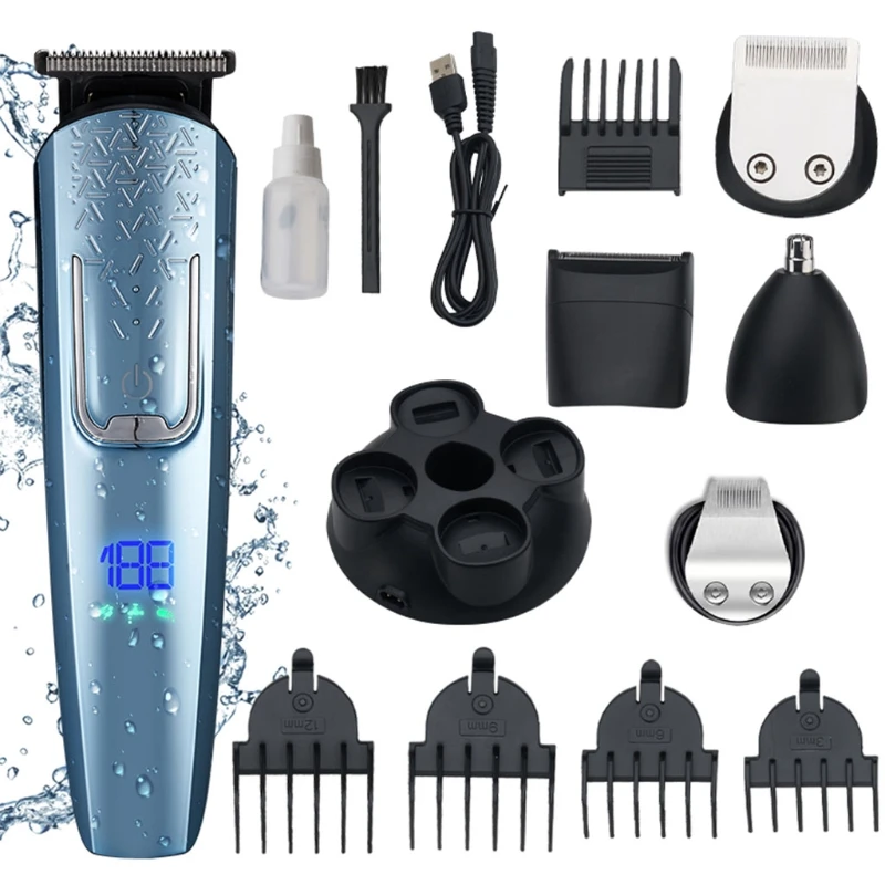 

5-IN-1 Beard Trimmer Kit w/ Digital Display 120 Mins Run Time USB Rechargeable Wet/Dry Use Washable for Men Home Travel