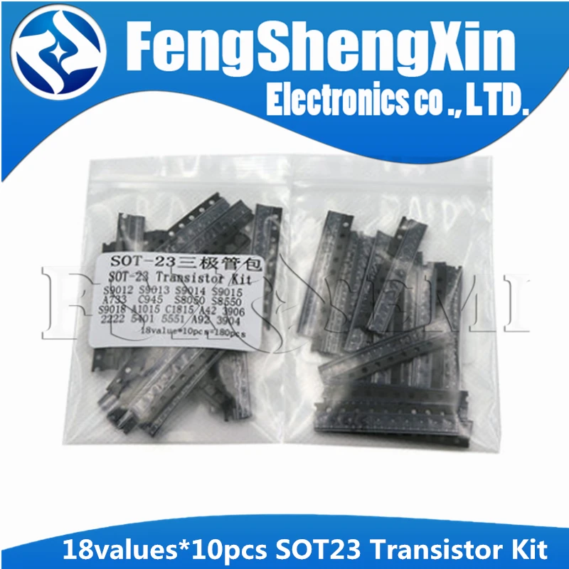 

18values X10pcs=180pcs SOT23 Transistor Assorted Kit 2N2222 S9013 S9014 S9015 S9018 S8050 S8550 5551 5401 2N3904 2N3906 C1815