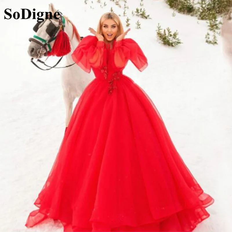 

SoDigne Red Princess Prom Dress Puff Long Sleeves A-line 3D Lace Appliques Tiered Party Dress Long Women Celebrity Gown