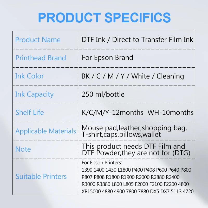 250ML DTF Ink Direct to Transfer Film Ink For DTF Film Printing For Epson DX5 DX7 5113 4720 I3200 1390 1430 F2000 F2100 Economic