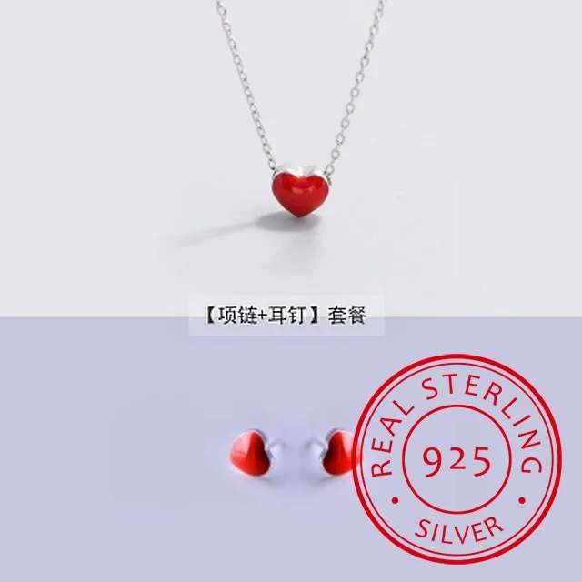 925 silver Earrings + necklace for Women Fine Jewelry Sets Cute Tiny Red Glaze Heart Stud Earrings For Girls Kids Lady Gift