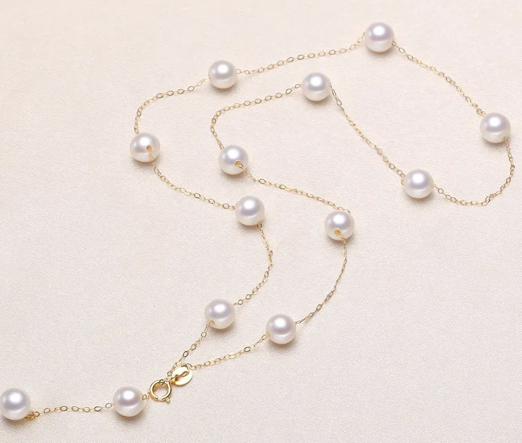 

HABITOO Luster 18K Solid Gold Chain 6-7mm Natural White Round Freshwater Cultured Pearl Choker Necklace Jewelry Party Wedding