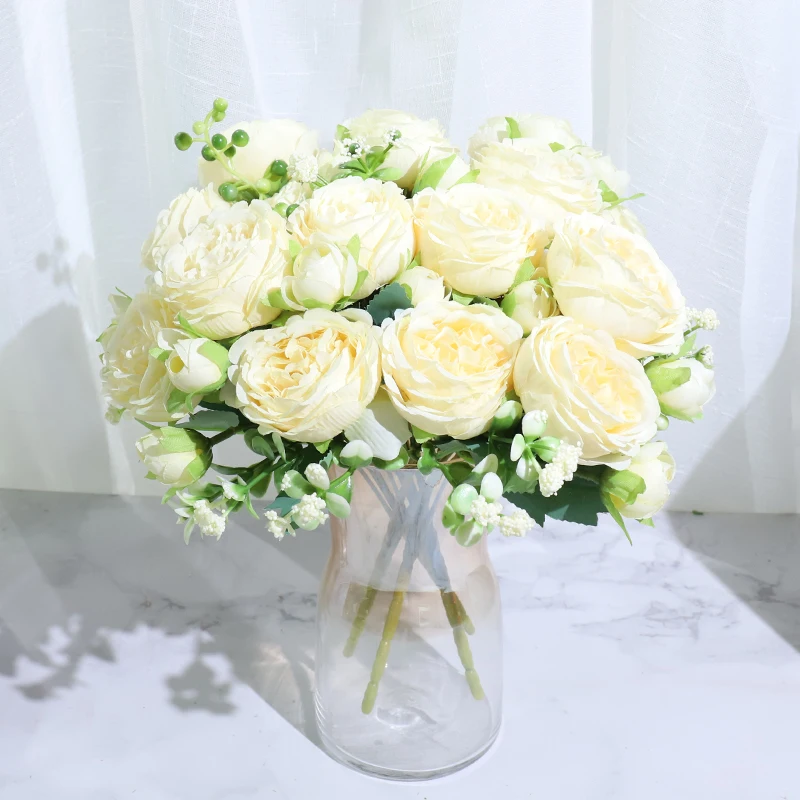 Best Selling Beautiful Rose Peony Artificial Silk Flowers Small White Bouquet Home Party Winter Wedding Decoration Fake Flowers