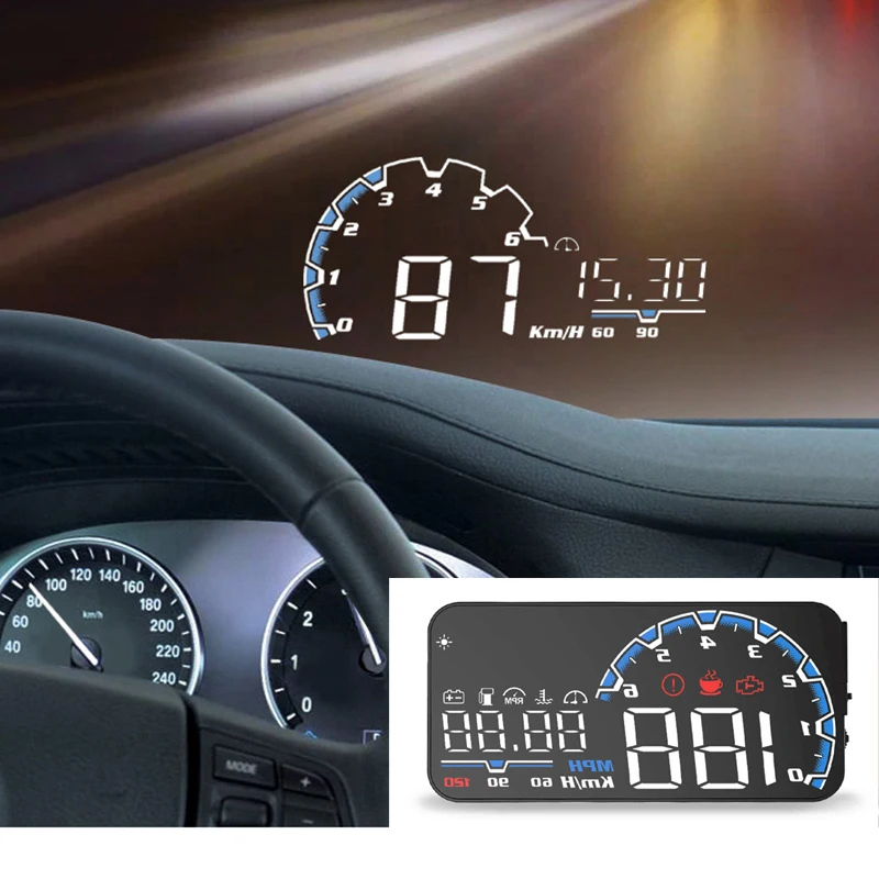 

5-дюймовый автоматический измеритель скорости HUD OBD2, проектор скорости автомобиля на лобовое стекло, сигнализация превышения скорости, умный цифровой OBD2 EUOBD Универсальный