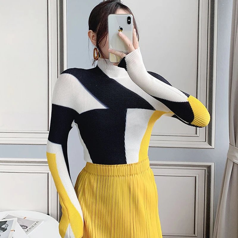 

miyake pleated long-sleeved women's top 2021 autumn and winter new retro slim thin high-necked niche bottoming shirt basic Tee