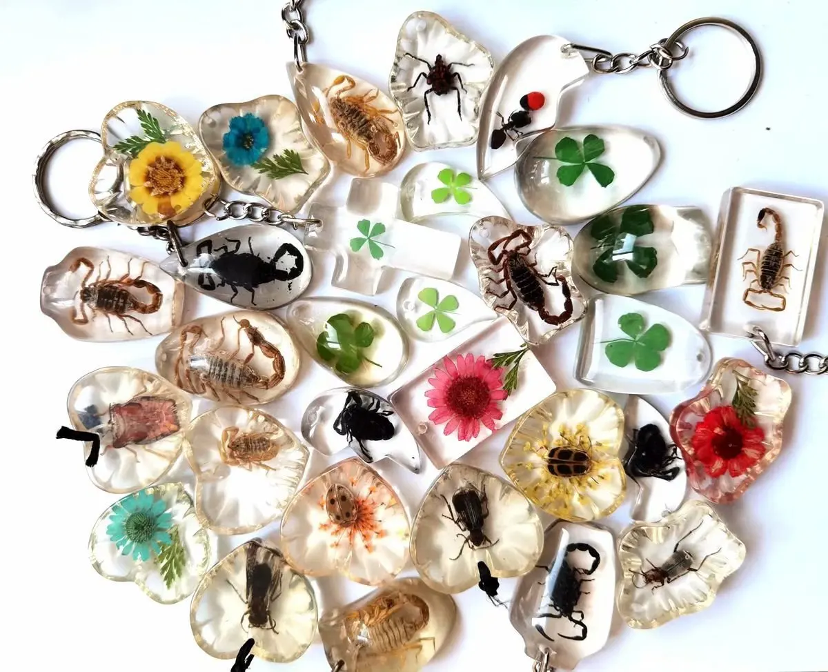 YQTDMY 12 pcs mixed style insect scorpion lucid color keychain Insect Specimen keychain Crafts