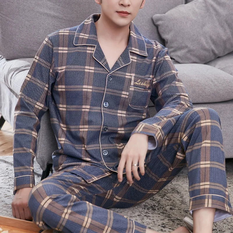 Conjunto de pijama sencillo para hombre, ropa de dormir de manga larga, Top de algodón, pantalón, prendas de vestir de ocio, suave, talla grande, Otoño e Invierno