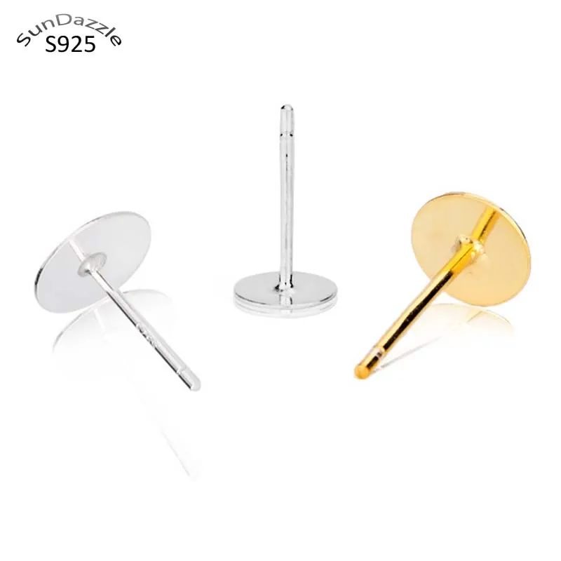 

8pcs Gold Real Solid 925 Sterling Silver Earring Stud Needle Post Flat Base Pins Silver Settings DIY Jewelry Making Findings