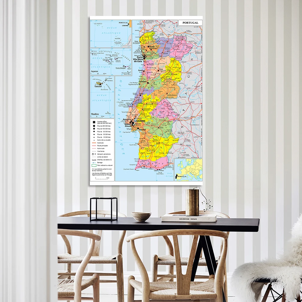 Mapa político de transporte de 150*225cm do portugal em francês, pintura em tela de vinil, pôster de parede, material escolar, decoração de casa