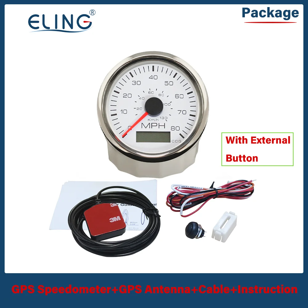 ELING 85mm 0-35MPH 0-60MPH 0-80MPH GPS Speedometer with COG Compass Red Yellow Light and GPS Antenna for Marine Boat 12V 24V