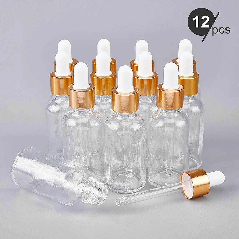 12 Chiếc 30Ml Thủy Tinh Ống Nhỏ Giọt Chai Với Kính Pipet Trống Tinh Dầu Bình Vàng Nắp Huyết Thanh Bình cơ Bản Bình