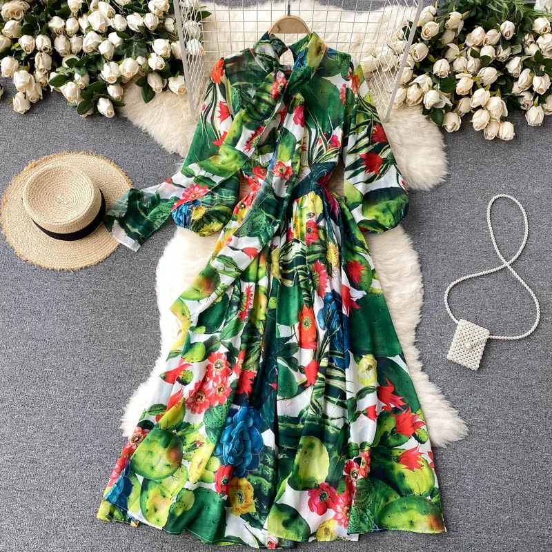 Elegant Women\'s Summer Floral Chiffon Green Dress Ladies Long Sleeve Bowknot Mixi Dress Robe Plus Size Female Vestidos