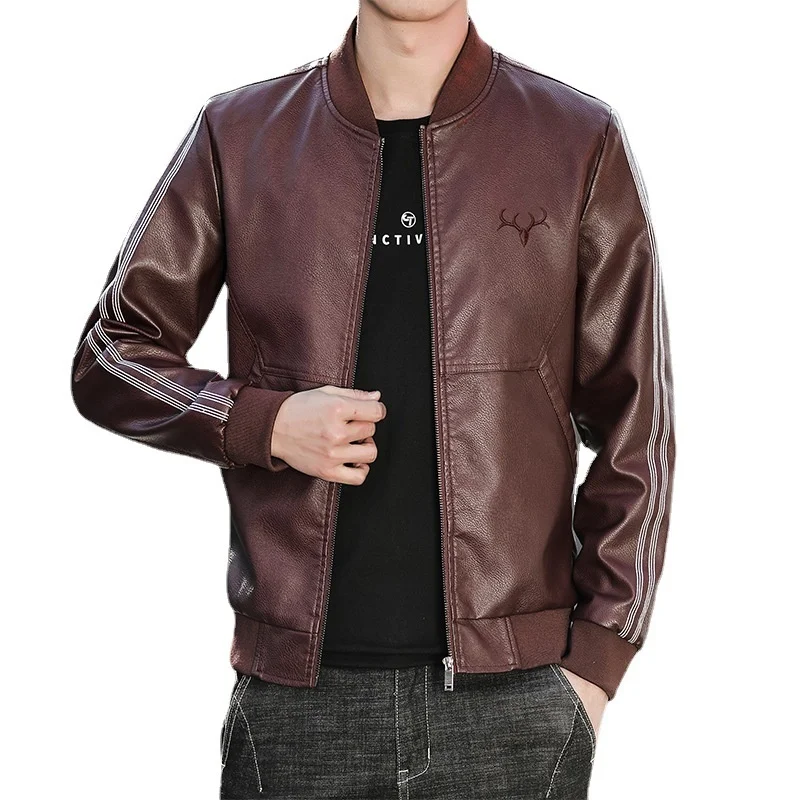 

Autumn And Winter High Quality Simplicity Men's Solid Color Youth Slim embroidery Soft Fashion Long-Sleeved PU Leather Jacket