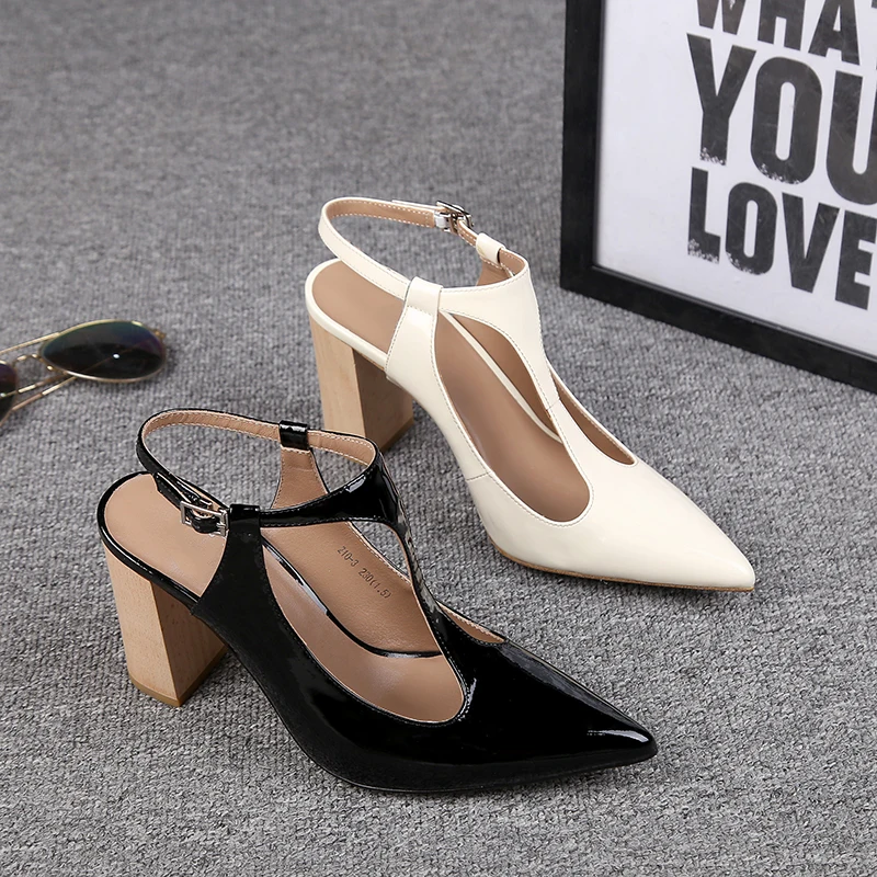 Leather Classic Office Ladies Elegant Shoes Pointed Chunky Heels Summer Fashion Outside Buckle Strap Block Female Heel Sandals