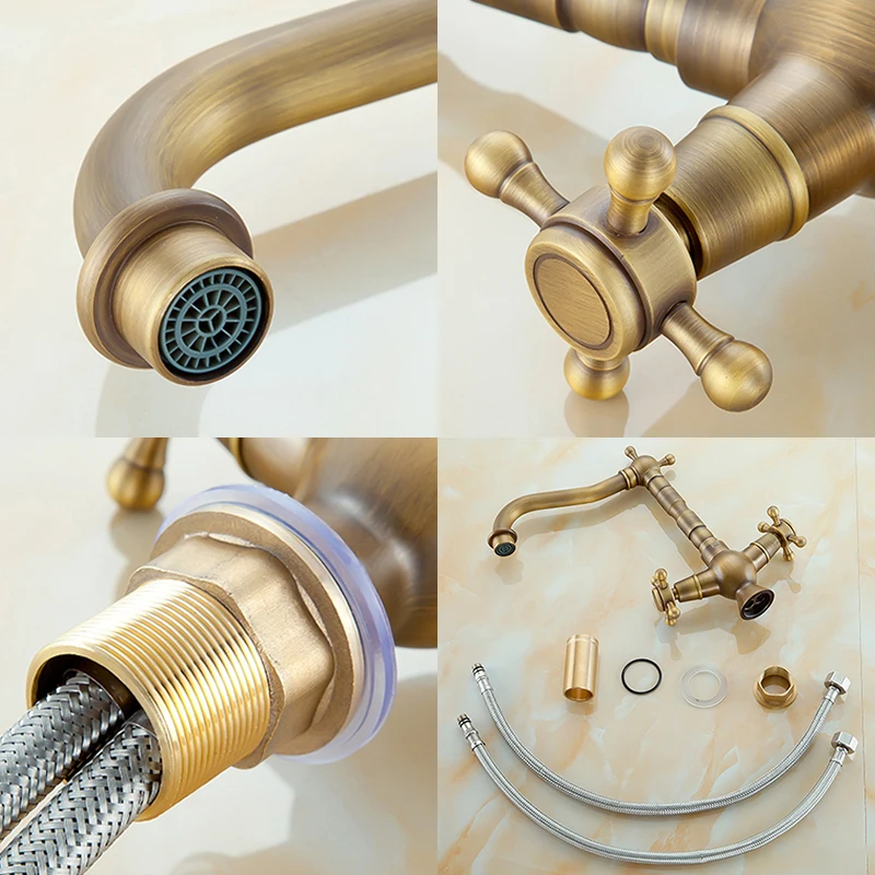 Antique Bronze Bath Sink Faucets Dual Handle Single Hole Hot Cold Water Mixer Crane Kitchen Faucet ELF678