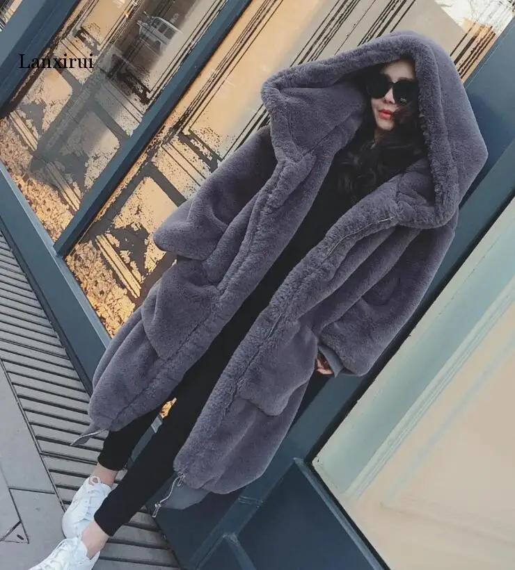 High Quality Hoodies Long Pink Faux Fur Coat Oversized Thicken Elegant Rabbit Fur Women Winter Coat  Female Plush Coats