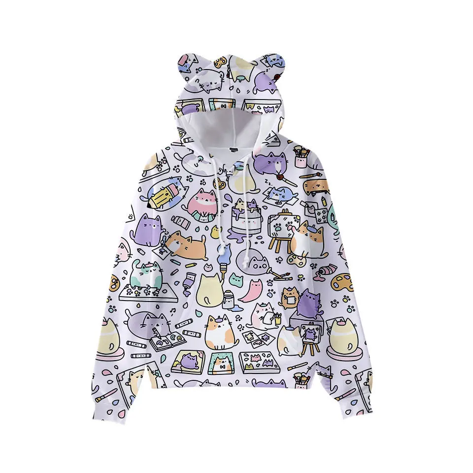 

2021 New 3D Color Printing Cat Ears Printed Character Costume Hooded Long-sleeved Children's Support Customization