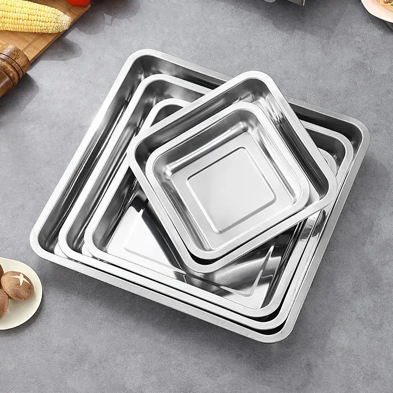 Stainless Steel Deep Food Storage Tray Square Fruit Pans Barbecue Cake Pastry Steamed Sausage Plate Rice Dishes Kitchen Utensils