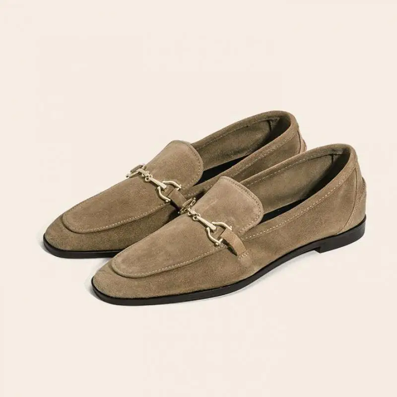 2024 Spring Women\'s Shoes Leisure Flats Loafers Women Suede Leather Retro Soft Bottom Slip-on Single Shoes Metal Decoration
