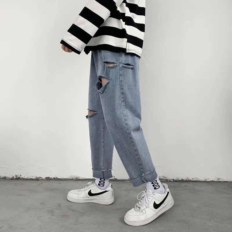 High street personality burr hole jeans Korean fashion casual loose versatile 9-point pants straight tube streetwear