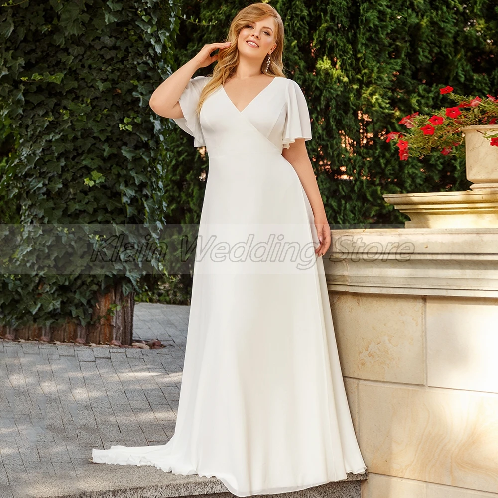 Elegante A-Line Chiffon Plus Größe Hochzeit Kleid Bodenlangen Sweep Zug Kurzarm V-ausschnitt Zipper Zurück Brautkleider