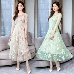 Chinese Style Vintage Lace Floral Embroidery Maxi Dress 2024 Autumn Elegant Midi Dresses Women Bodycon Sexy Mesh Party Vestidos