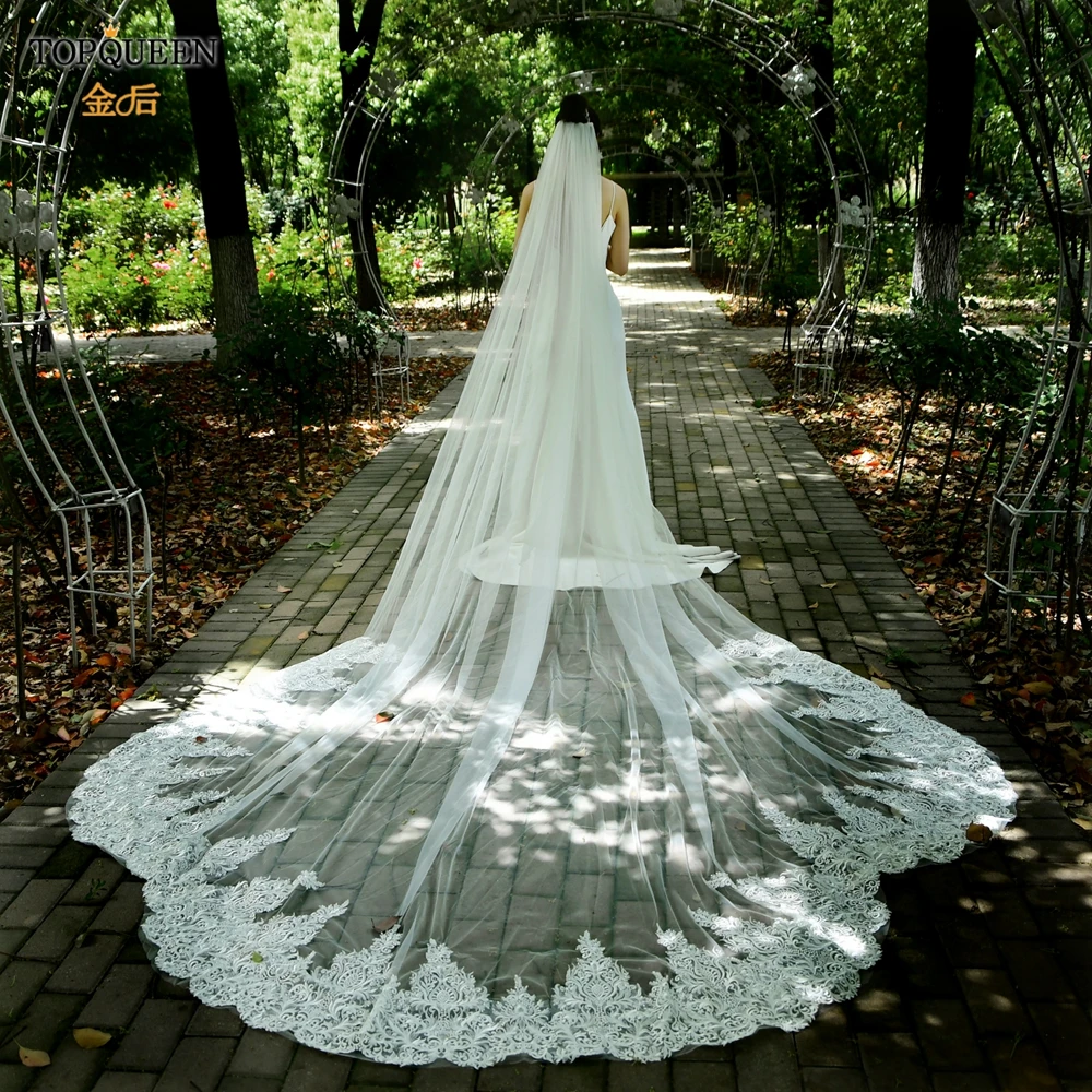 TOPQUEEN V92 Bridal Veil Cathedral 4 Meters Extra Long Royal Wedding Veil Cathedral Veil with Floral French Lace Trim Long 4 M