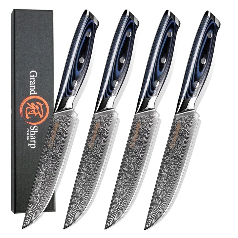 GRANDSHARP 4Pcs Steak Knife Set Damascus AUS-10 Steel Kitchen Knives Table Knife High Quality Cutter Tool Dinnerware Set Gift