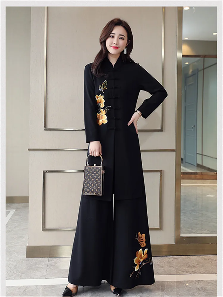 Chinese Style Two Piece Set Women Fashion National Embroidered Wide Leg Pants Clothing Vintage 2022 Suit Conjuntos De Mujer