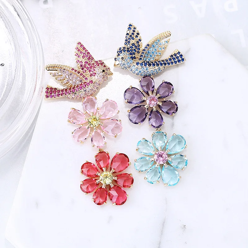 Bird and Flower Design Earrings Handmade Inaly Zirconia Luxury Style Dubai Wedding Jewelry Women Gifts Earrings